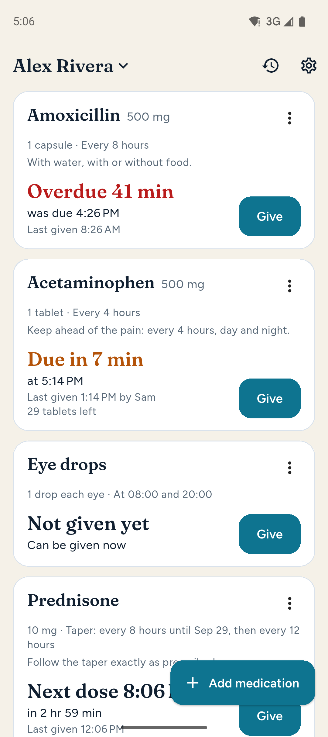 Nexpill's home screen: one patient's medications, an overdue dose at the top in red, the next due in 7 minutes in amber